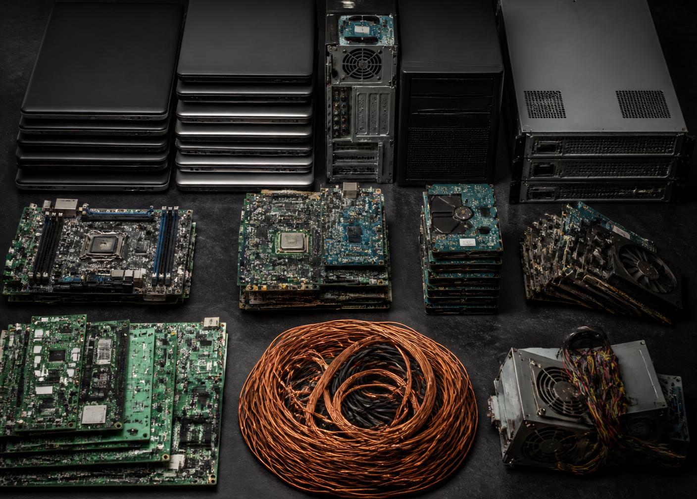 Sorted e-waste including laptops, servers, circuit boards and copper cables
