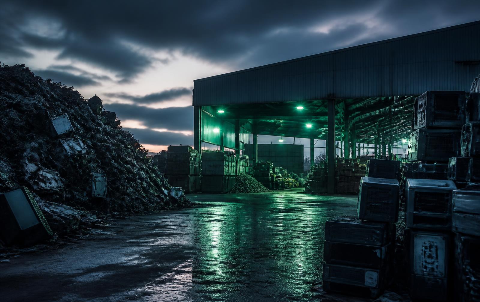 JBR recycling yard in Gauteng with sorted scrap metal and electronic equipment at dusk
